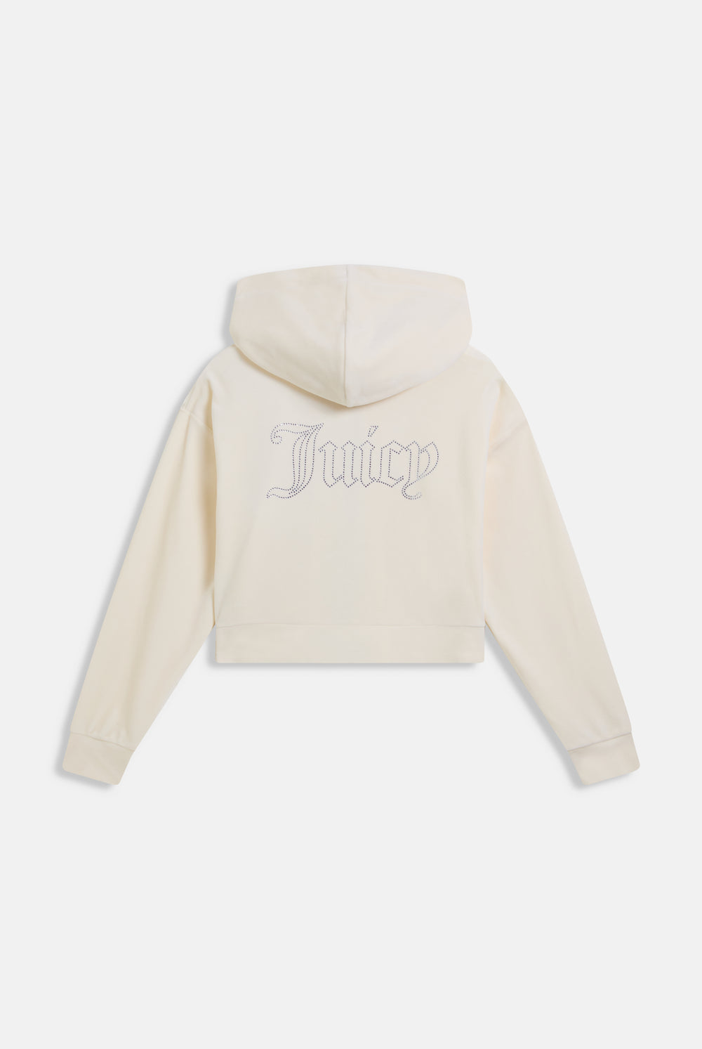 Displays the Cream Outline 'Juicy' branded diamanté oversized cropped hoodie