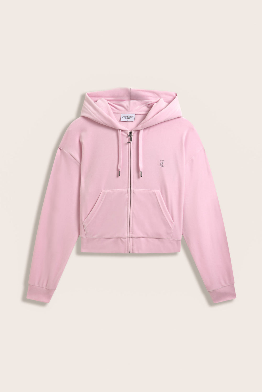 Displays the Cherry Blossom 'juicy' branded outline diamanté oversized cropped velour hoodie 