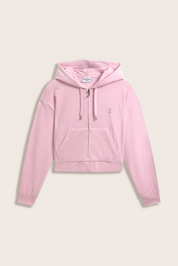 Displays the Cherry Blossom 'juicy' branded outline diamanté oversized cropped velour hoodie 