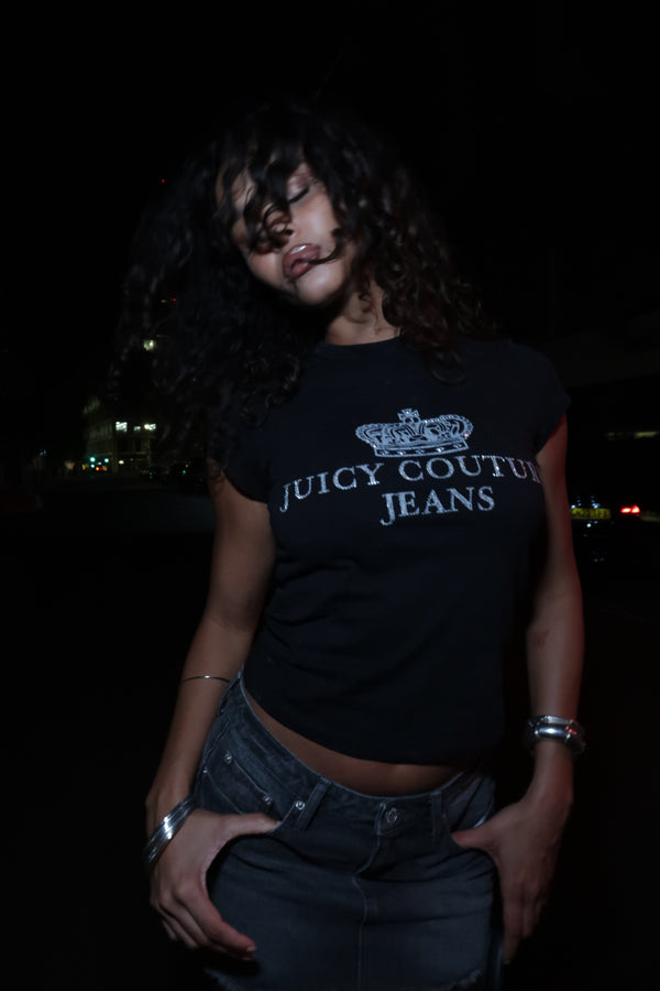 BLACK WASHED JUICY COUTURE JEANS LONGLINE TEE