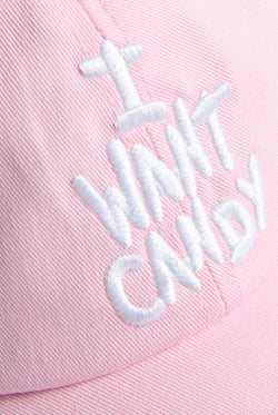 Displays the Cherry Blossom 'Juicy' branded  I want candy baseball cap featuring I want candy branding 