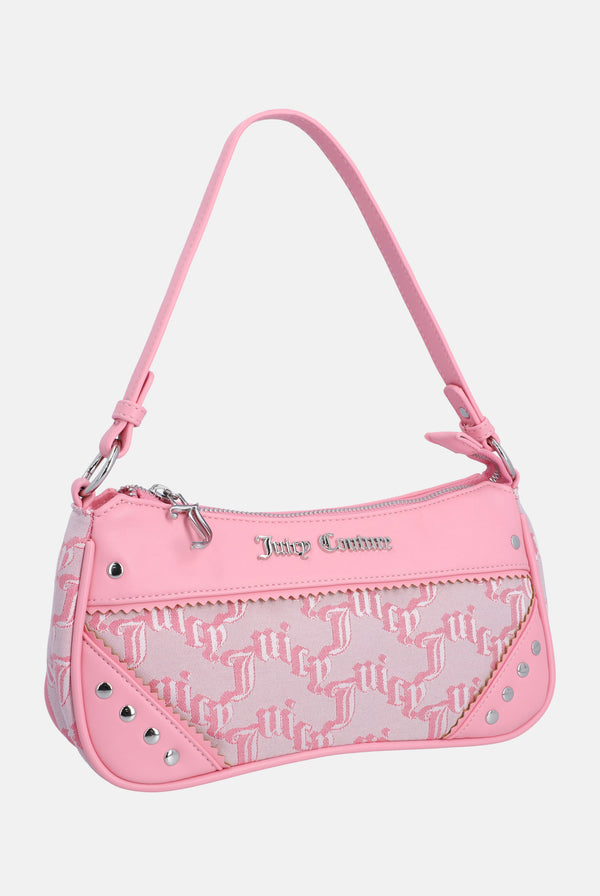 Displays the juicy pink 'Juicy' branded jacquard pu bag