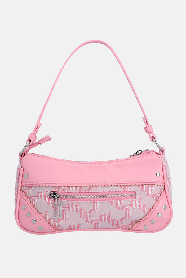 Displays the juicy pink 'Juicy' branded jacquard pu bag