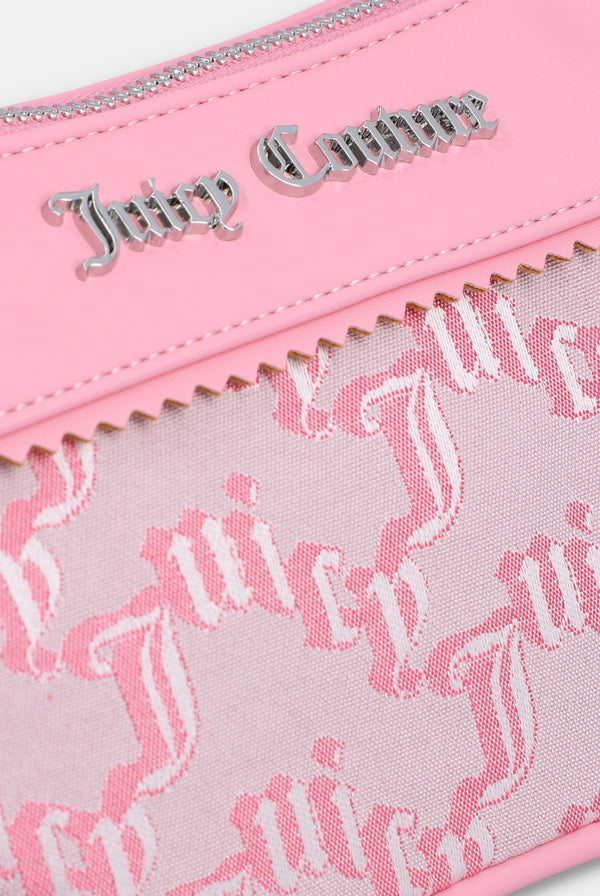 Displays the juicy pink 'Juicy' branded jacquard pu bag