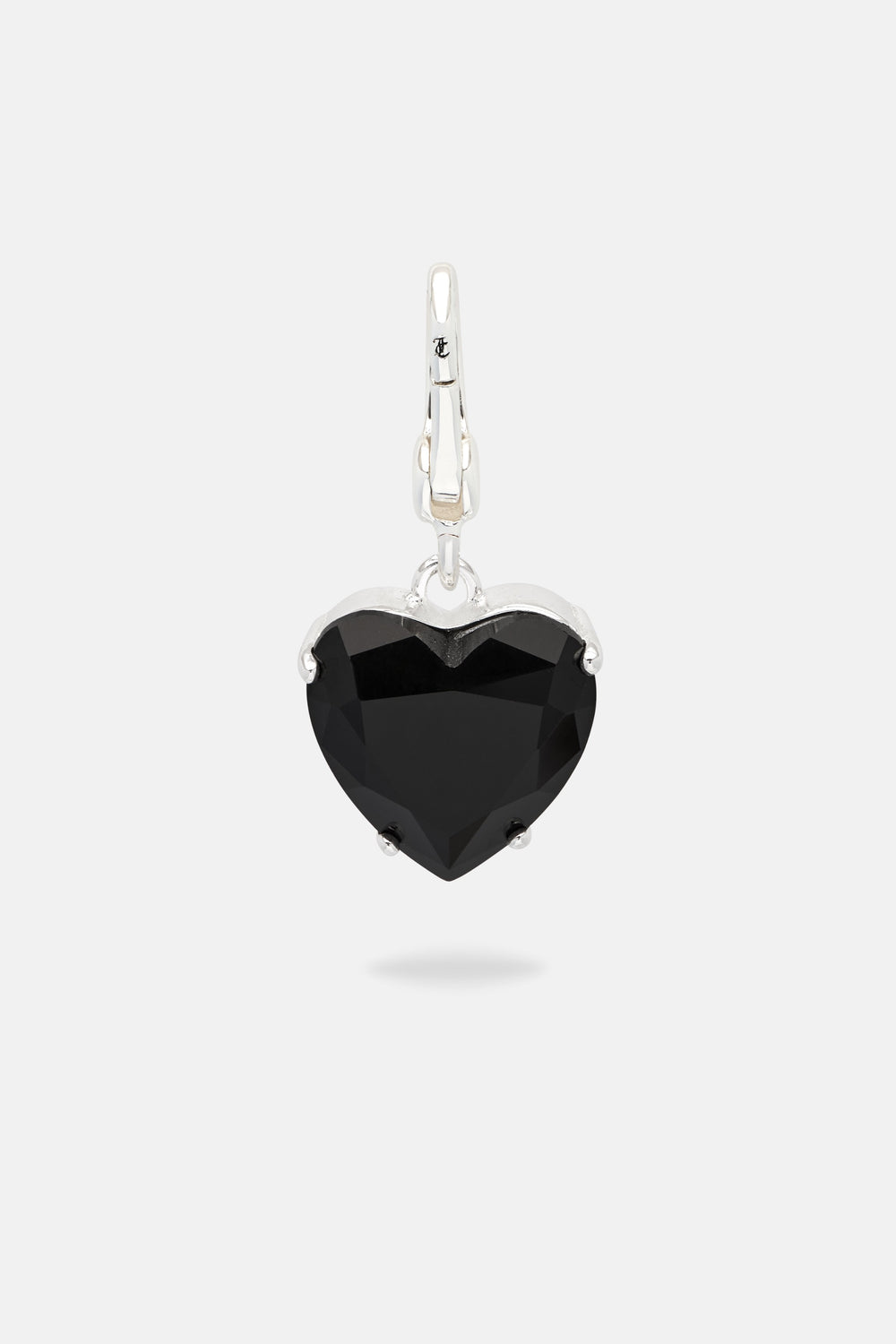 Displays the Black 'Juicy' branded crystal heart and silver drop charm 