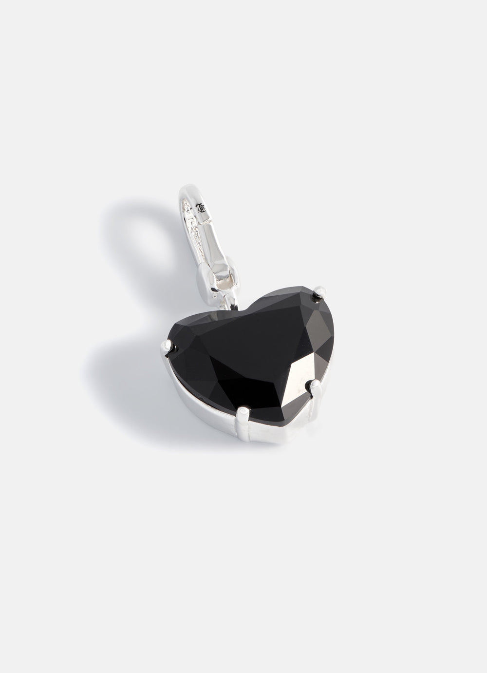 Displays the Black 'Juicy' branded crystal heart and silver drop charm 
