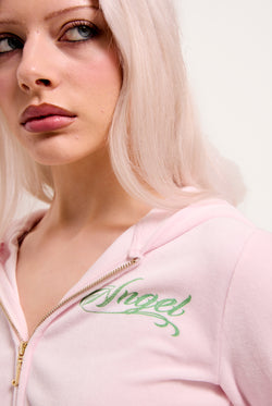 Display a model wearing the Cherry Blossom 'Juicy' branded angel heritage hoodie 