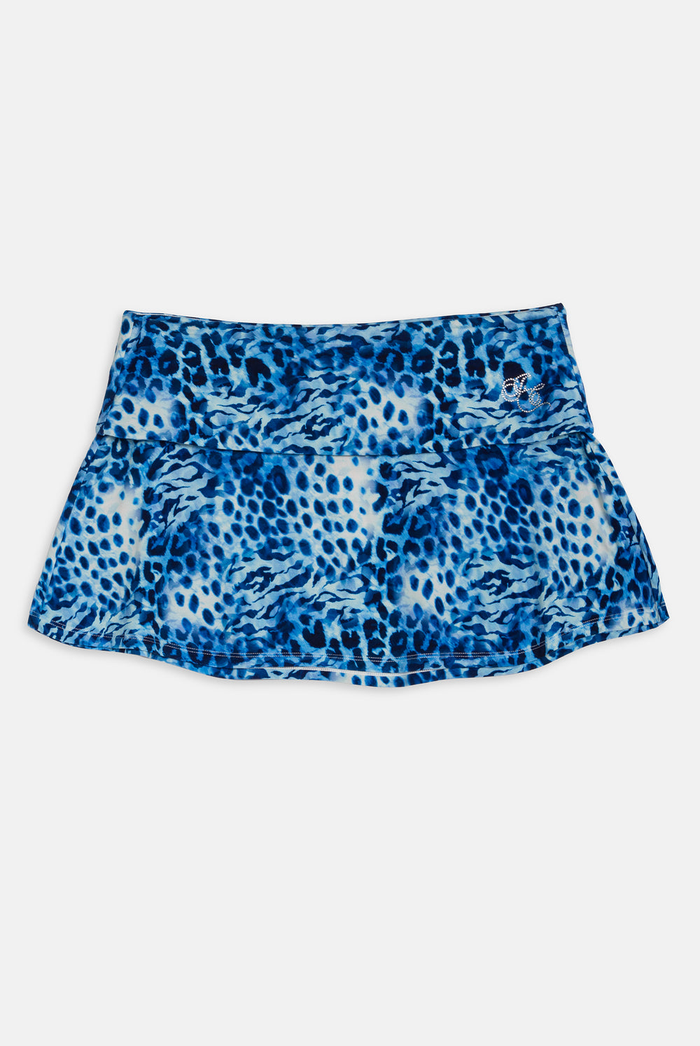 Displays the blue leopard print 'Juicy' branded jersey roll down mini skirt 