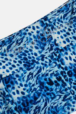 Displays the blue leopard print 'Juicy' branded jersey roll down mini skirt juicy Couture 