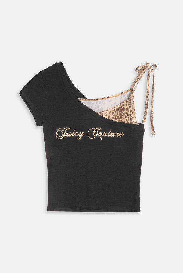 Displays the Black & Cheetah asymmetric 'Juicy' branded top 