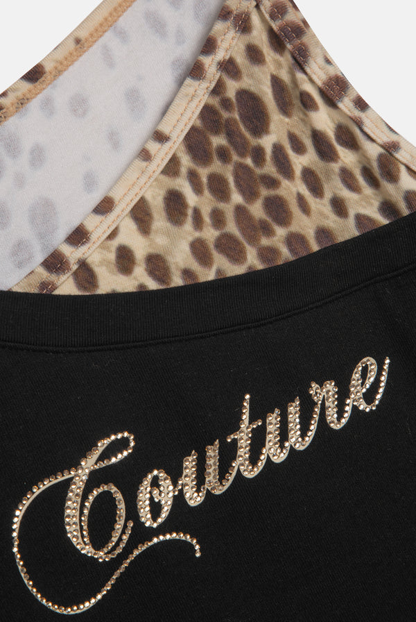 Displays the Black & Cheetah asymmetric 'Juicy' branded top featuring the juicy Couture branding 