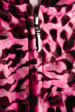 Displays the Pink Leopard 'Juicy' branded cheetah track top featuring the juicy zip 