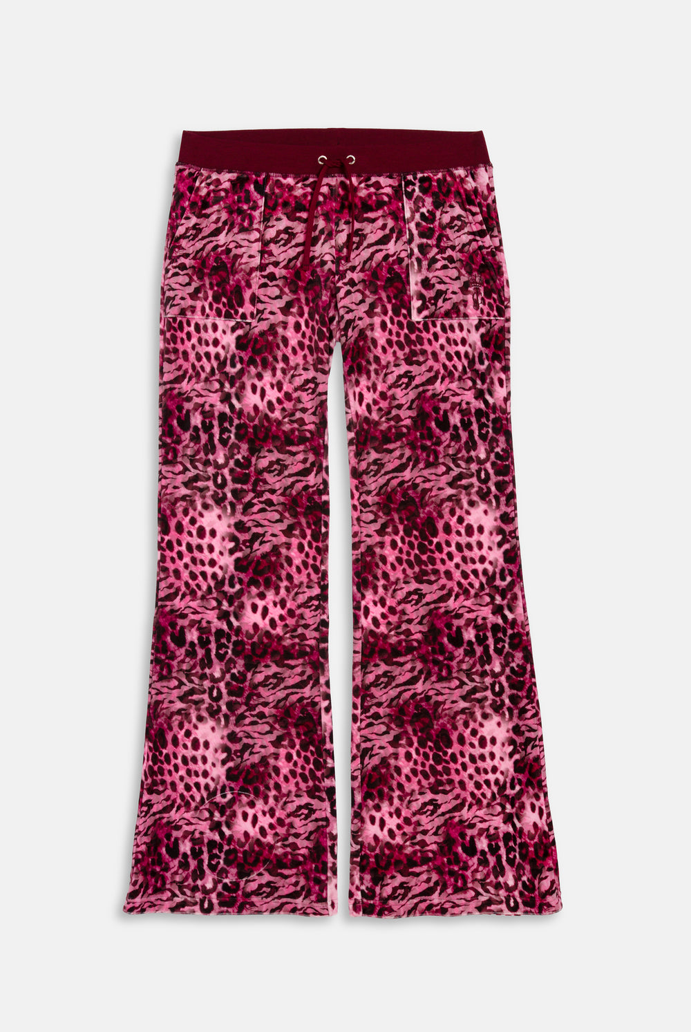Displays the pink leopard 'Juicy' branded cheetah track bottoms 