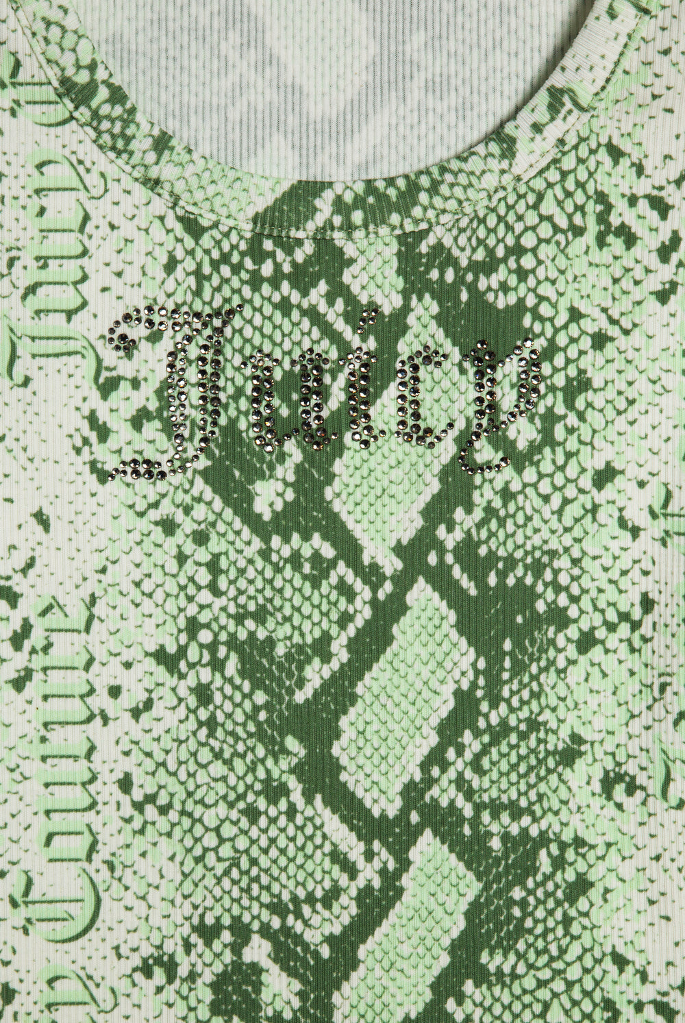 Displays the Green Snake print 'Juicy' branded diamanté vest featuring the juicy branding 