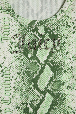 Displays the Green Snake print 'Juicy' branded diamanté vest featuring the juicy branding 