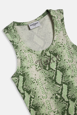 Displays the Green Snake print 'Juicy' branded diamanté vest 