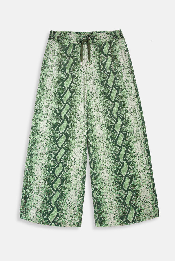 Displays the green snake print 'Juicy' branded diamanté low rise track bottom 