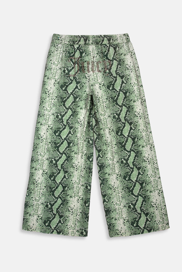 Displays the green snake print 'Juicy' branded diamanté low rise track bottom 