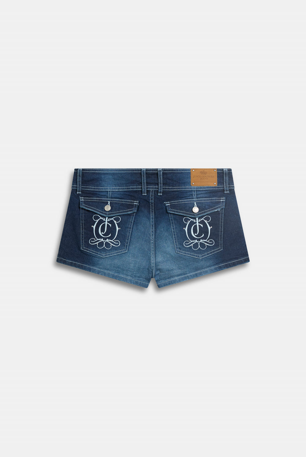 Displays the Mid Wash Juicy Couture branded crest booty denim shorts 