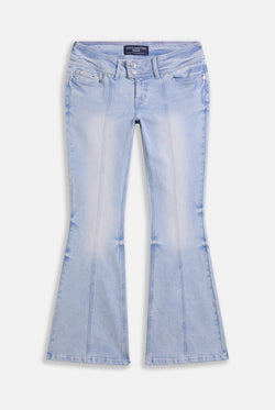 Displays a model wearing the Light wash 'juicy' branded low rise flared embodied jeans 