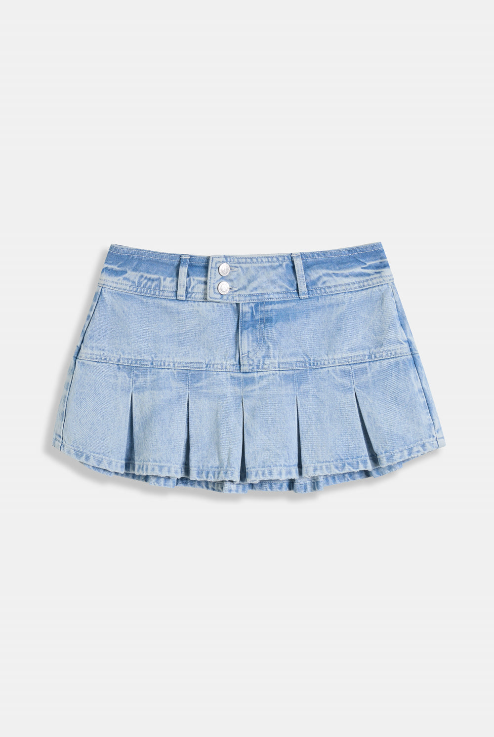 Displays the light wash 'juicy' branded denim pleated mini skirt 