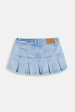 Displays the light wash  'juicy' branded denim pleated mini skirt 