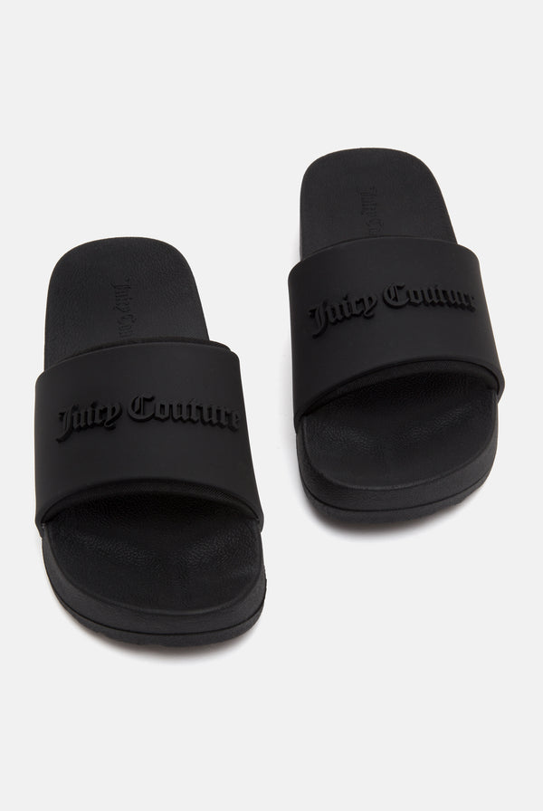 Displays a pair of the Black 'juicy' branded stacked embossed sliders 
