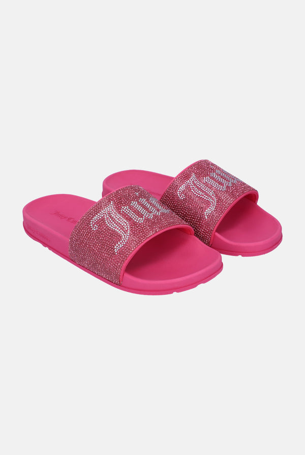 Displays a pair of the Hot Pink 'Juicy' branded diamanté velour sliders