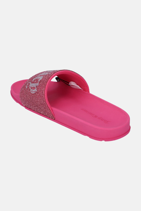 Displays the Hot Pink 'Juicy' branded diamanté velour slider