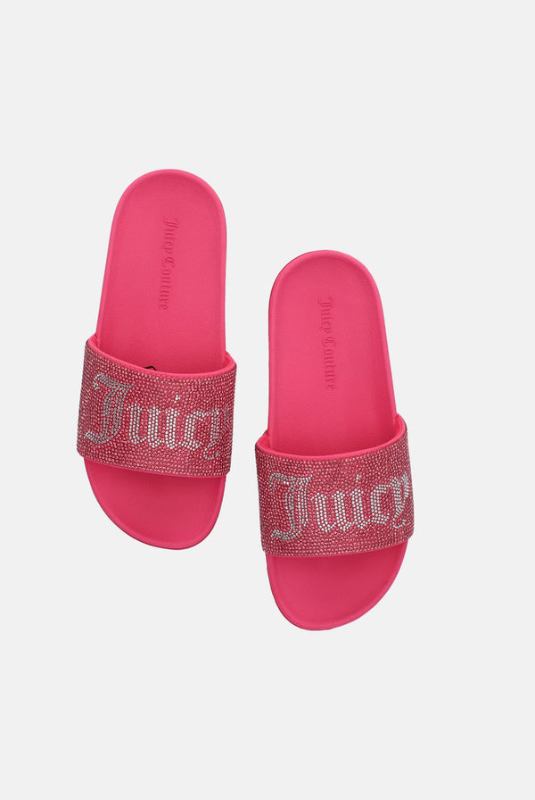Displays a pair of the Hot Pink 'Juicy' branded diamanté velour sliders