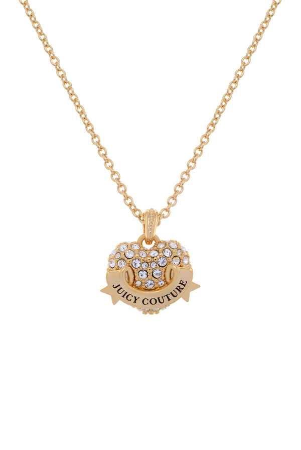 Displays the Gold Tone 'Juicy' branded crystal icon heart pendant necklace