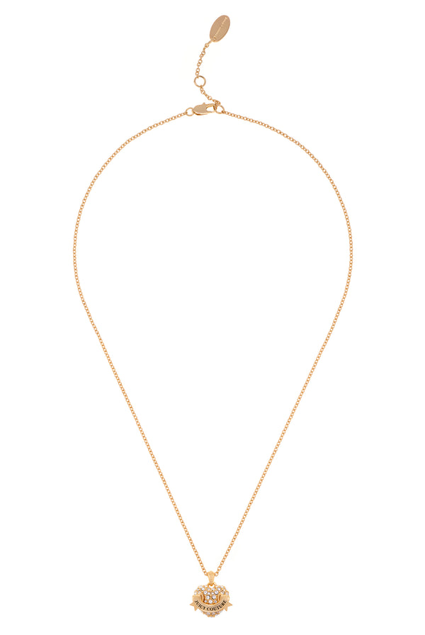 Displays the Gold Tone 'Juicy' branded crystal icon heart pendant necklace