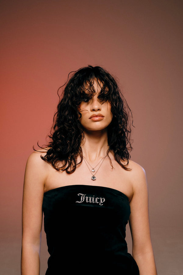 Displays a model wearing the 'Juicy' Silver Tone Enamel Icon Heart Pendant
