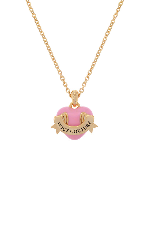 Displays the Gold Tone 'Juicy' branded enamel icon heart pendant 