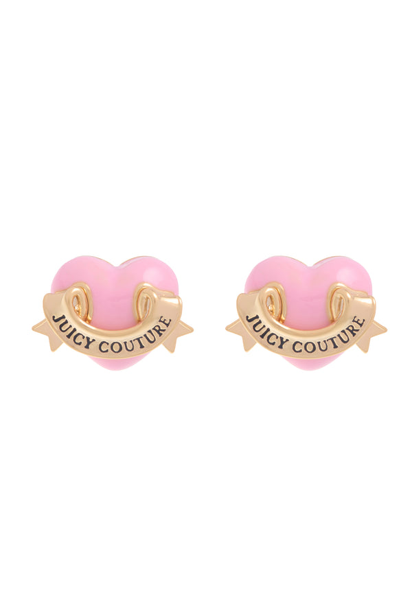 Displays the Gold tone 'Juicy' branded enamel icon heart stud earrings 