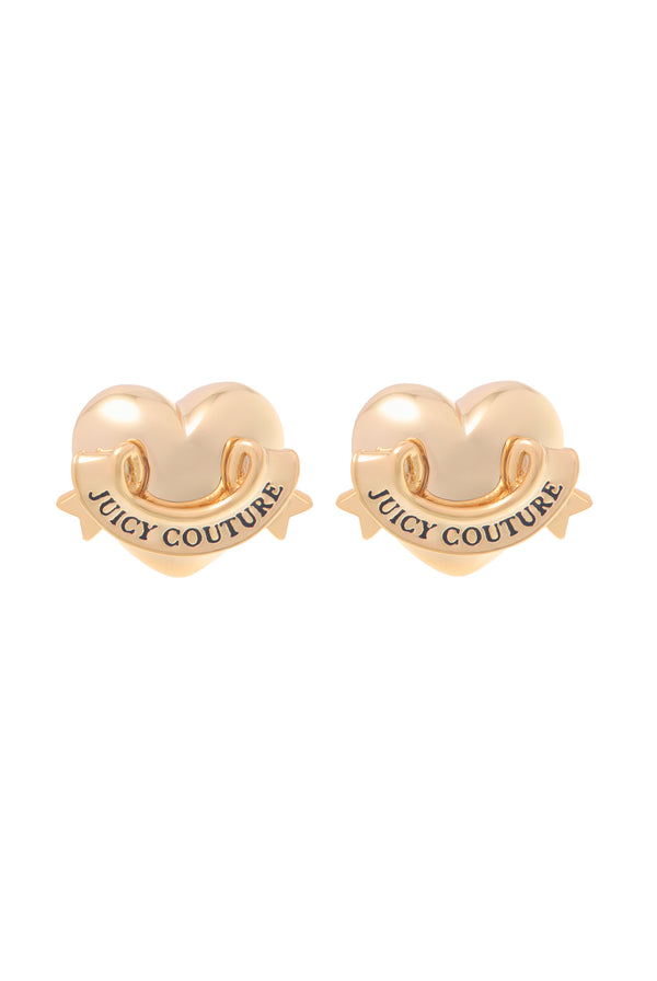 Displays the Gold Tone 'Juicy' branded Icon heart stud earrings 