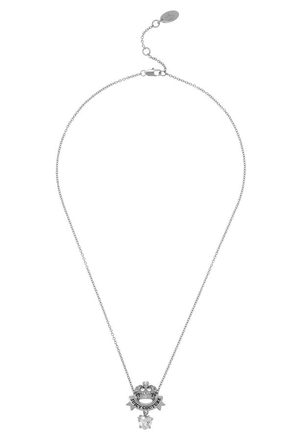 Displays the Silver crown & crystal 'Juicy' branded heart drop pendant necklace 
