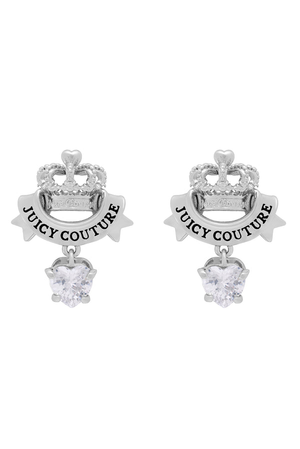 Displays the Silver Tone 'Juicy' branded Crown & Crystal heart drop earrings 