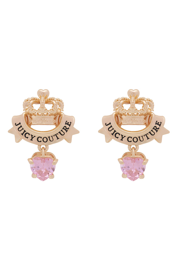 GOLD TONE CROWN & CRYSTAL HEART DROP EARRINGS