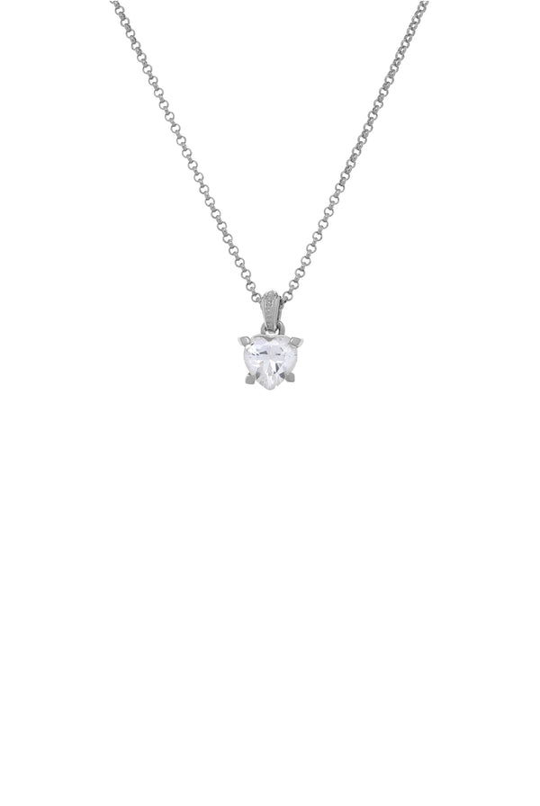 Displays the silver tone 'juicy' branded solitaire crystal heart pendant 