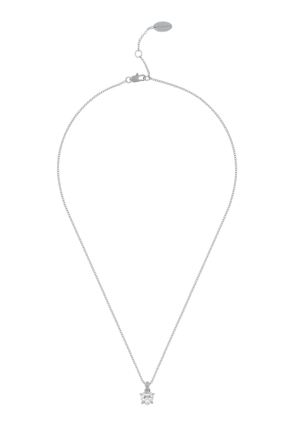 Displays the silver tone 'juicy' branded solitaire crystal heart pendant 