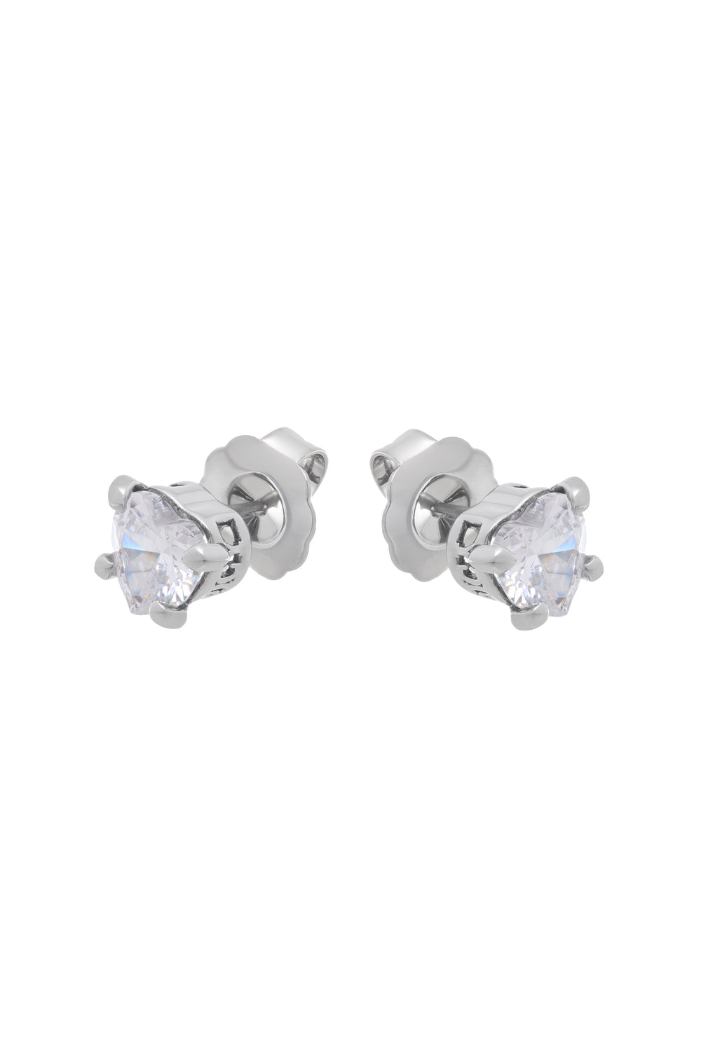 Displays the Silver Tone 'Juicy' branded solitaire crystal heart stud earrings