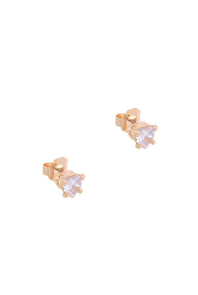 GOLD TONE SOLITAIRE CRYSTAL HEART STUD EARRINGS