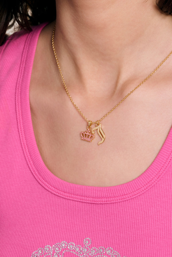 GOLD TONE CRYSTAL MOTIF CROWN & J CHARM PENDANT