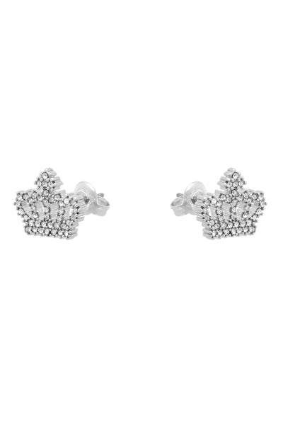 SILVER TONE CRYSTAL MOTIF CROWN STUD EARRINGS