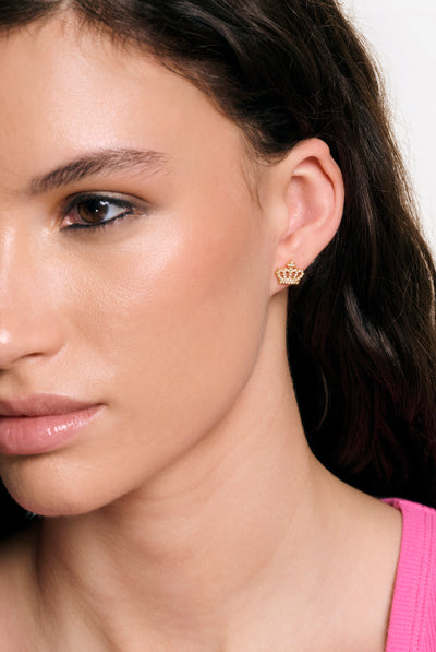 GOLD TONE CRYSTAL MOTIF CROWN STUD EARRINGS