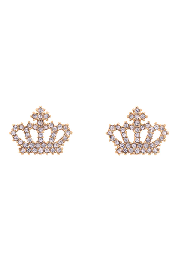 Displays the Gold Tone 'Juicy' branded crystal motif crown stud earrings 
