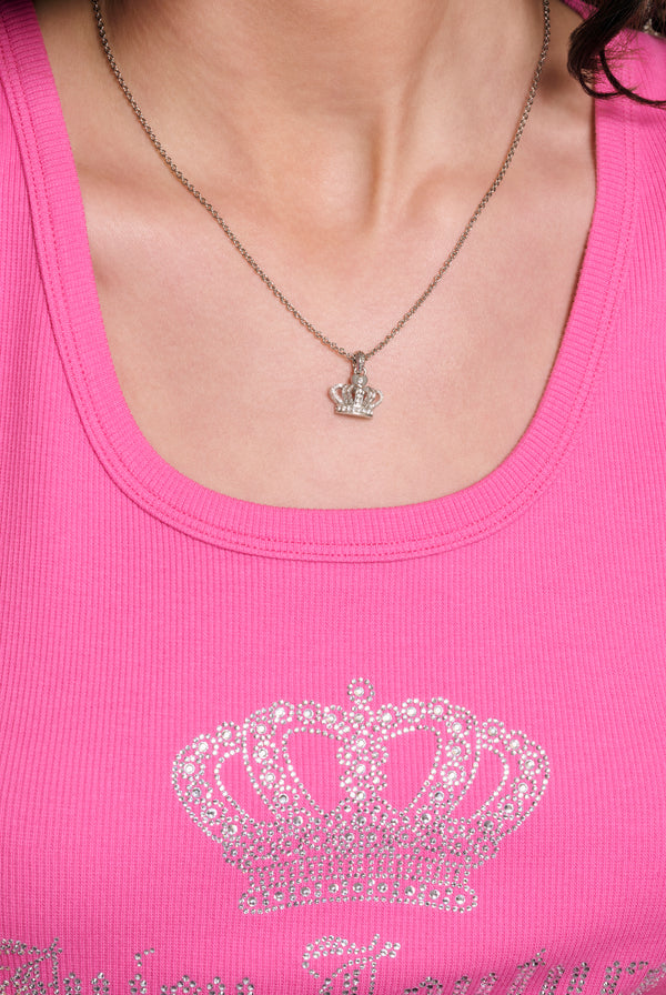 Displays a model wearing the Silver Tone 'Juicy' branded crystal icon crown pendant