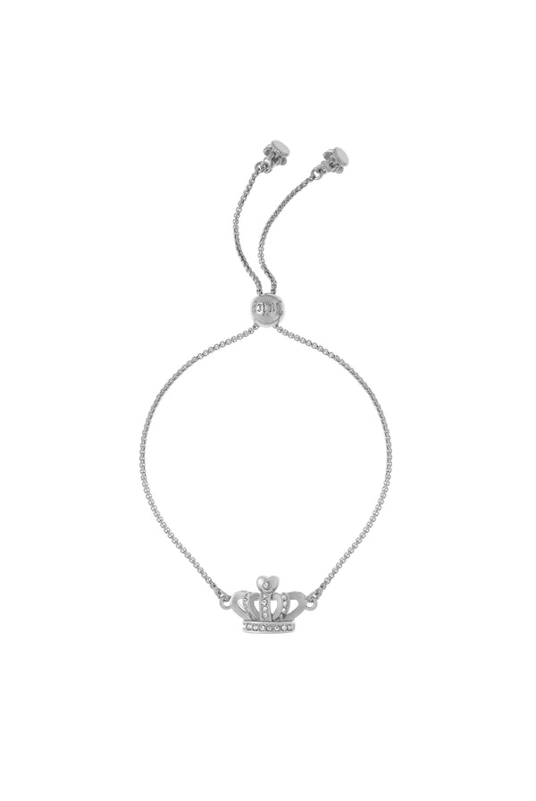 Displays the Silver tone 'juicy' branded crystal icon crown adjustable bracelet 