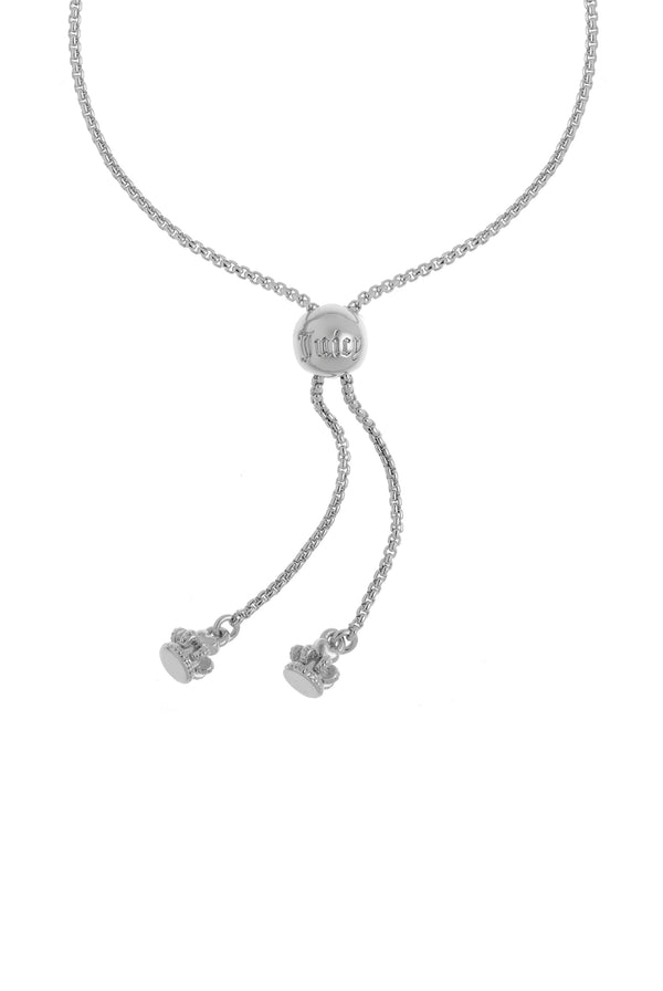Displays the Silver tone 'juicy' branded crystal icon crown adjustable bracelet 